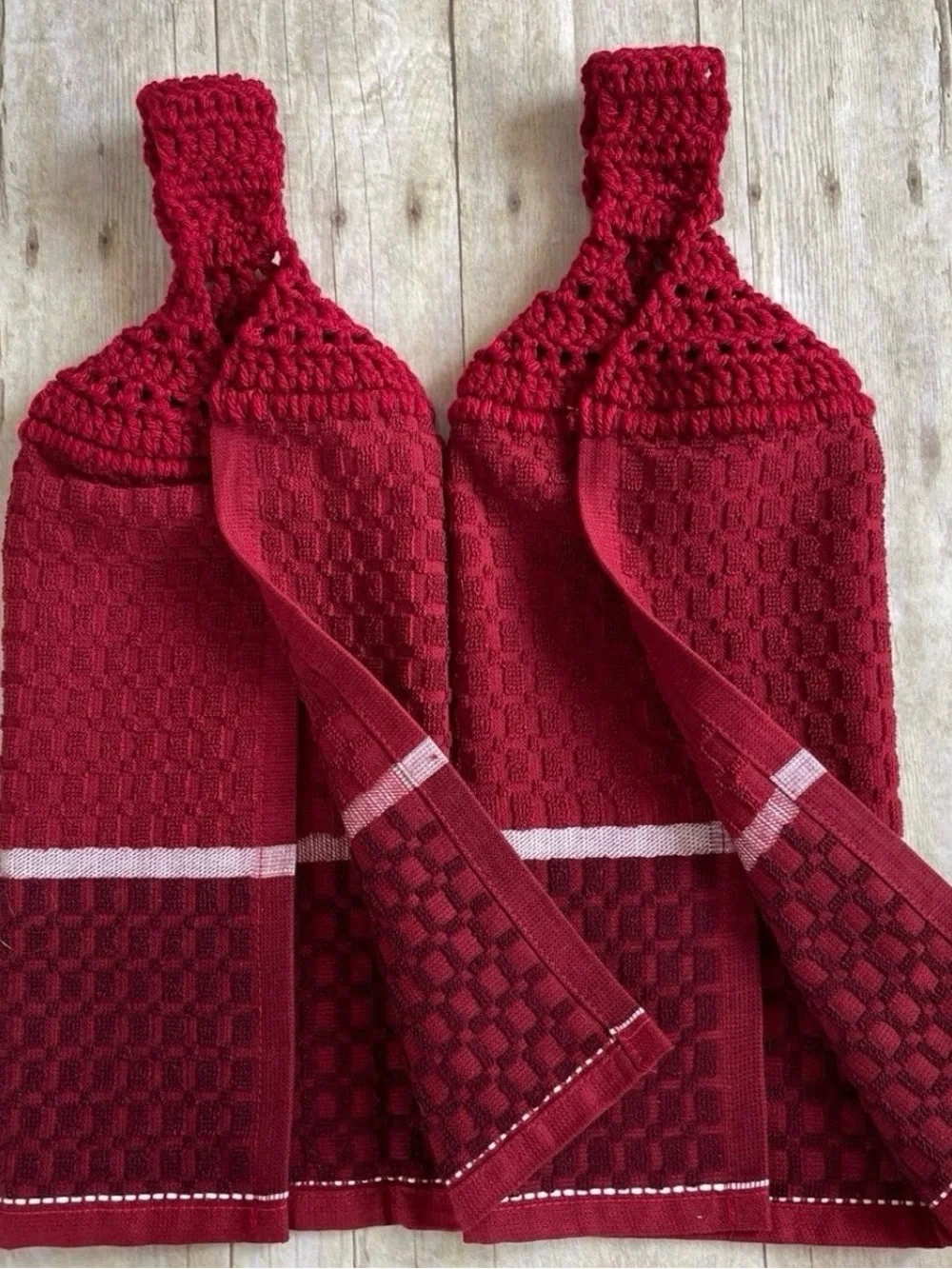 Crochet Top Hanging Towel Set of 2 Single Thickness Dark Red